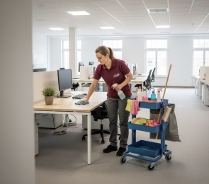 Eine Reinigungskraft säubert einen Schreibtisch in einem modernen Großraumbüro. Sie trägt eine Firmenuniform von Herdegen Gebäudeservice GmbH und verwendet Reinigungsmittel und Mikrofasertücher, die auf einem Reinigungswagen bereitstehen für hygienische Arbeitsplätze, gepflegte Büros und ein positives Raumklima. Individuelle Reinigungspläne für Unternehmen jeder Größe.
