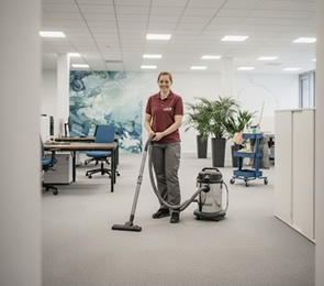 Eine Reinigungskraft saugt den Teppichboden in einem hellen, modernen Büro. Im Hintergrund stehen Schreibtische, Stühle und Reinigungsutensilien. Die Szene zeigt Sauberkeit, Professionalität und gründliche Büroreinigung mit Staubsauger durch die Herdegen Gebäudeservice GmbH. Gründliche Reinigung für saubere Arbeitsplätze – zuverlässig, hygienisch und effizient.