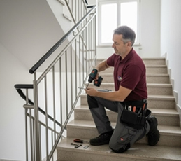 Ein Hausmeister von Herdegen Gebäudeservice GmbH kniet auf einer Treppe und repariert mit einem Akkuschrauber ein Edelstahlgeländer. Neben ihm liegen Werkzeuge, die auf eine professionelle Instandhaltung hinweisen. Das Umfeld ist ein helles Treppenhaus mit modernen Elementen.