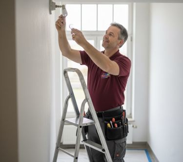 Ein Hausmeister steht auf einer Aluminiumleiter und wechselt fachgerecht eine Glühbirne in einem hellen Flur. Mit Werkzeugtasche und professioneller Arbeitskleidung von Herdegen Gebäudeservice GmbH übernimmt er zuverlässig technische Aufgaben und sorgt für die Instandhaltung der Gebäudetechnik.