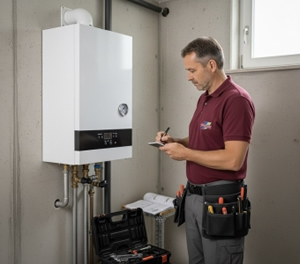 Ein Hausmeister von Herdegen Gebäudeservice GmbH kontrolliert eine moderne Heizungsanlage in einem Technikraum. Mit Notizblock in der Hand und Werkzeuggürtel dokumentiert er den Zustand der Anlage sorgfältig. Im Vordergrund steht ein offener Werkzeugkoffer.