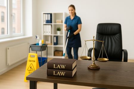 Eine Reinigungskraft im Hintergrund säubert den Boden einer Rechtsanwaltskanzlei. Im Vordergrund stehen ein Schreibtisch mit Gesetzbüchern und einer goldenen Justitia-Waage – Symbol für juristische Arbeit in einer sauberen Umgebung. Herdegen Gebäudeservice GmbH sorgt für hygienische Sauberkeit und ein gepflegtes Erscheinungsbild – zuverlässig, diskret und gründlich.