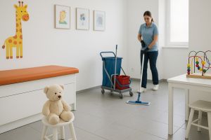 Eine Reinigungskraft im Hintergrund wischt den Boden einer freundlich gestalteten Kinderarztpraxis. Im Vordergrund sind ein Plüschtier, Spielzeug und eine orangefarbene Untersuchungsliege sichtbar – hygienische Sauberkeit, Desinfektion und Wohlfühlatmosphäre mit Herdegen Gebäudeservice GmbH.