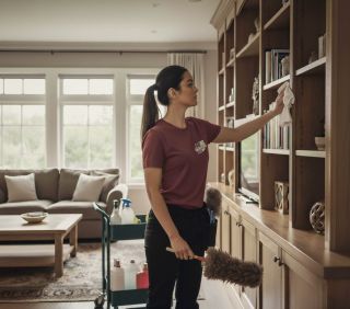Eine professionelle Reinigungskraft der Herdegen Gebäudeservice GmbH säubert in einem gepflegten Wohnzimmer ein großes Bücherregal. Im Vordergrund stehen Reinigungsutensilien auf einem Putzwagen bereit. Die Szene vermittelt Sauberkeit, Sorgfalt und eine angenehme Wohnatmosphäre.