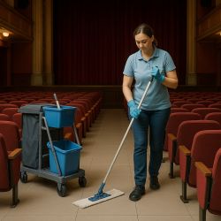 Reinigungskraft beim Wischen des Mittelgangs in einem leeren Theater mit roten Sitzen und PVC-Boden, neben einem Putzwagen mit Eimern.